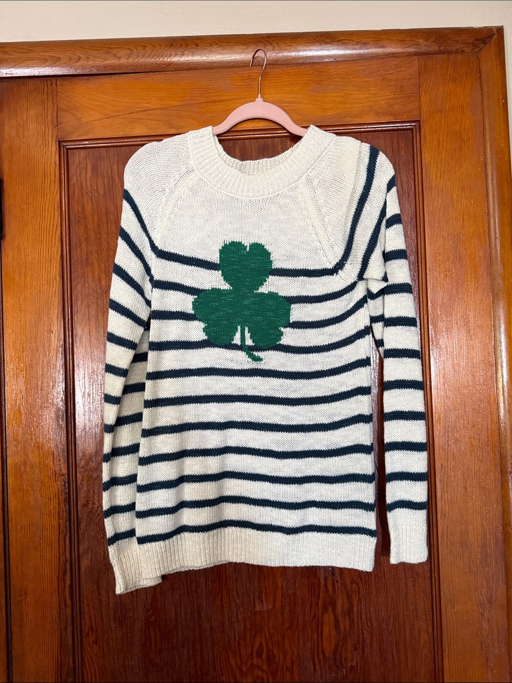 Maurices Cream and Navy Striped Crewneck Sweater with Green Shamrock
